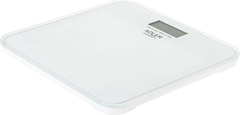 peshore banjoje Adler AD 8183 180 kg ekran LCD me ndriçim blu platformë qelqi njësi kg/lb/st e bardhë