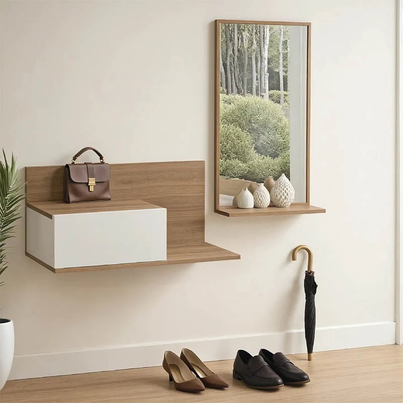 Mobilje korridori Miranda me pasqyrë, ngjyrë e bardhë-lisi, 60x30x89.5cm