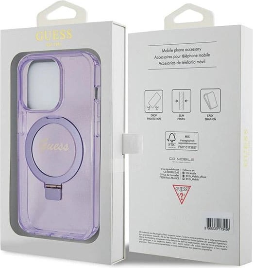 Mbështjellës Guess Ring Stand Script Glitter MagSafe për iPhone 14 Pro, vjollcë