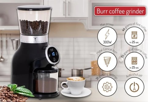 Mulli kafeje me burr konik, Adler AD 4450, 31 nivele, hopper 300 g, 300W, timer 25 s, e zezë/argjend Mulli kafeje me burr konik, Adler AD 4450, 31 nivele, hopper 300 g, 300W, timer 25 s, e zezë/argjend