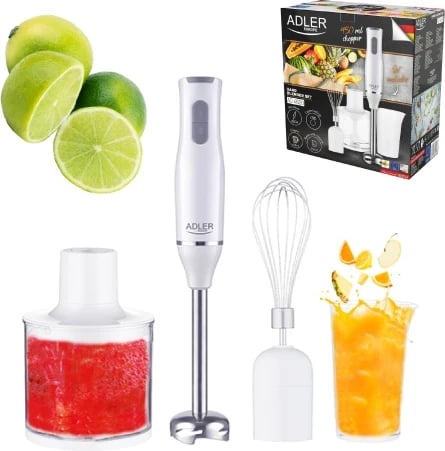 Blender dore, Adler AD 4620, 800W, 2 shpejtësi, teh/këmbë çelik inox, bardhë, set Blender dore, Adler AD 4620, 800W, 2 shpejtësi, teh/këmbë çelik inox, bardhë, set