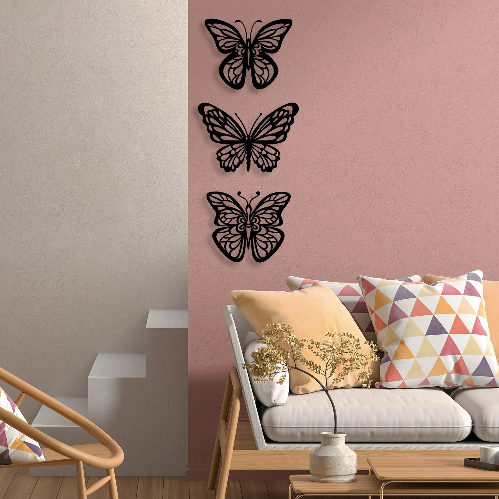 Aksesor dekorativ metalik për mur, flutura, 3 copë