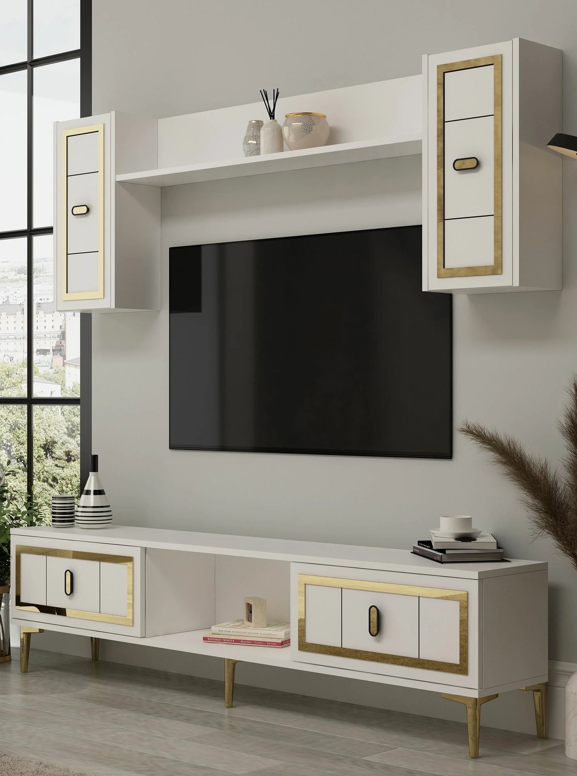 Njësi TV Skye Decor, e bardhë, ari