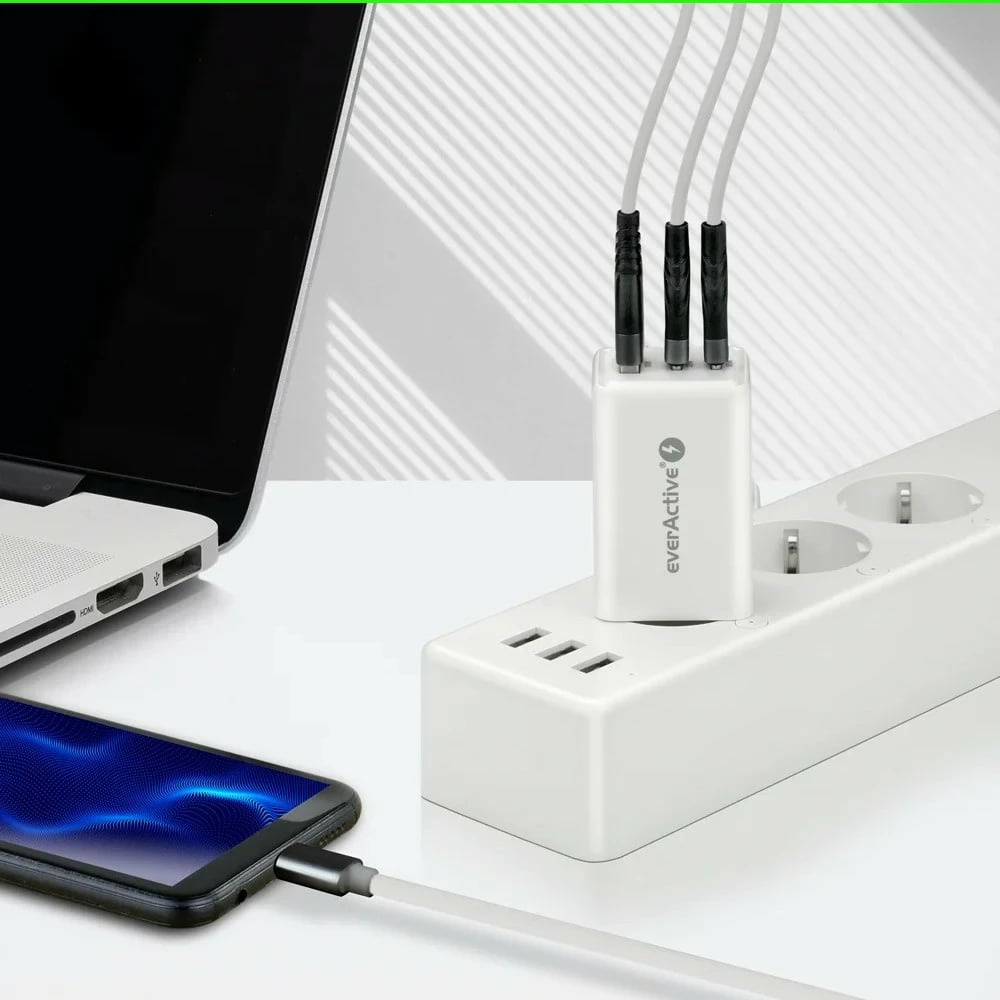 Karikues muri GaN, everActive SC-655Q, 65W, 1x USB + 2x USB-C, PD/PPS/QC4+, i bardhë