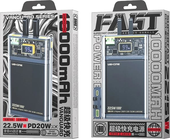 Power bank WEKOME WP-323, 10000 mAh, me USB-C & Lightning, i zi