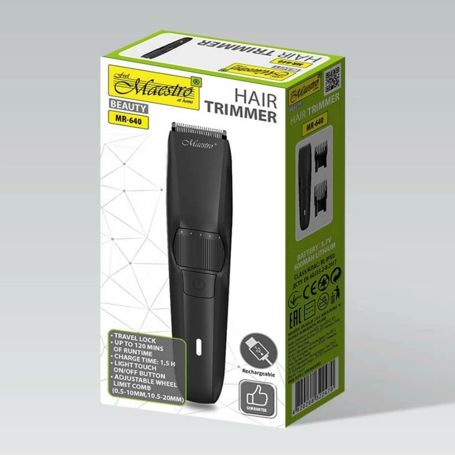 Trimmer flokësh dhe mjekre Feel-Maestro MR-640, bateri 600 mAh 120 min, rregullim 0.5–20 mm me 10 pozicione, USB-C, përdorim i thatë, i zi, set me 2 krehra