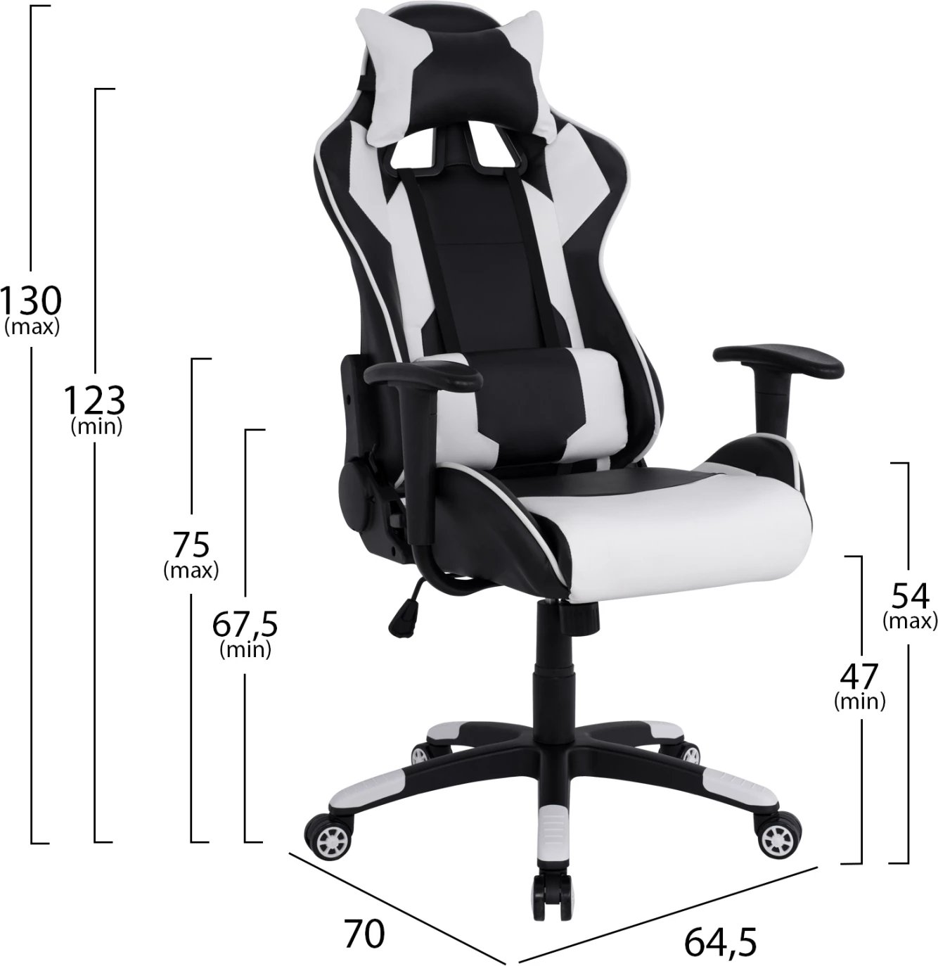 Karrige gaming për zyre, ngjyrë bardhë e zezë, FH1072.04, 66.5x70x(122-129) cm