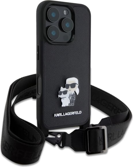 Mbështjellës Karl Lagerfeld Saffiano Karl&Choupette me rrip, për iPhone 16 Pro, i zi