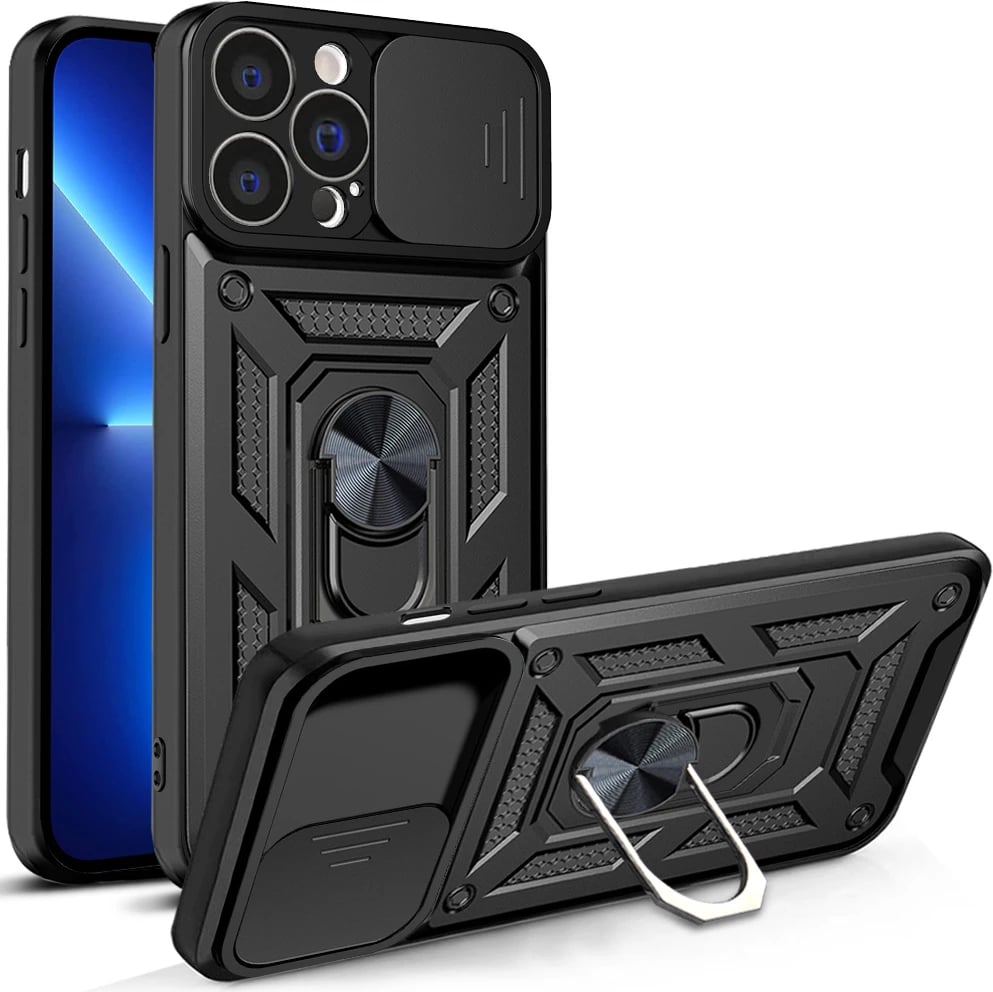 Mbështjellës Hurtel Hybrid Armor Camshield për iPhone 13 Pro Max, me kapak kamere, me unazë metalike, e zezë
