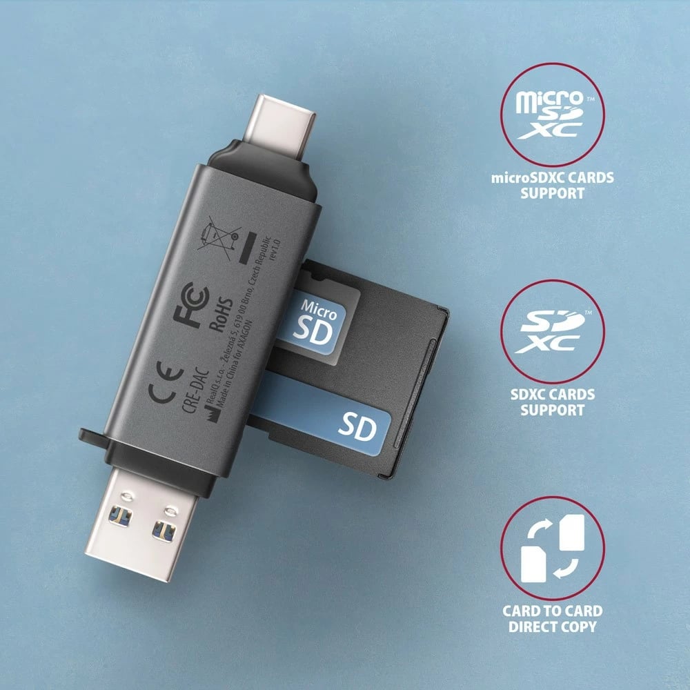 Lexues kartelash AXAGON CRE-DAC, USB 3.2 Gen 1, Type-C + Type-A, Gri