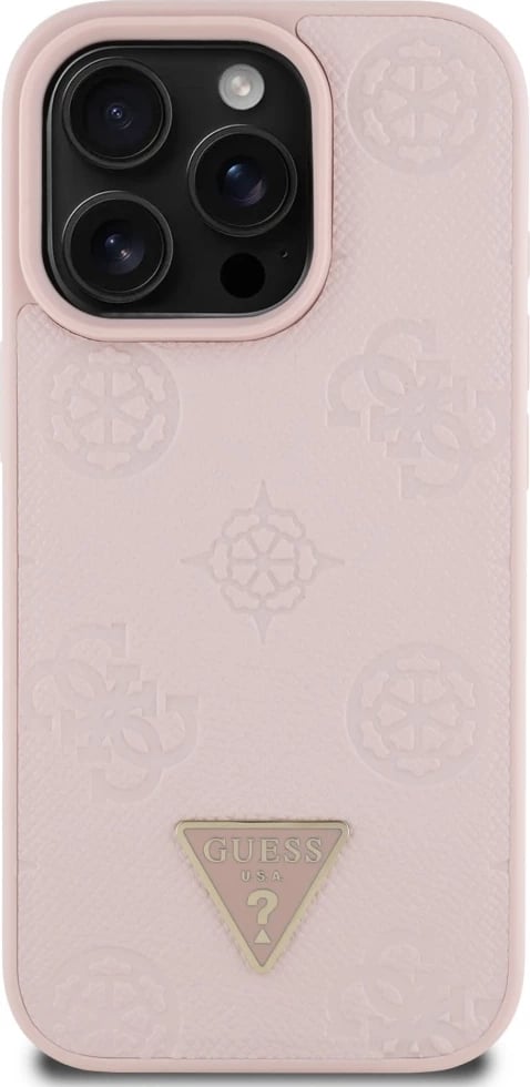 Mbështjellës Guess Grained Hot Stamp Peony Triangle Logo MagSafe për iPhone 16 Pro, Rozë