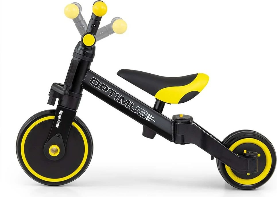 tricikel 3-në-1, Milly Mally Optimus, pedale të heqshme, rrota shkumë, sedilje e rregullueshme, i palosshëm, 12m+, e zezë