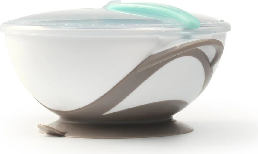 tas për bebe me bazë thithëse, Baby Ono, 300 ml, kapak me ndarje për lugë, i përshtatshëm për mikrovalë dhe enëlarëse, pa BPA, e bardhë-gri, me lugë