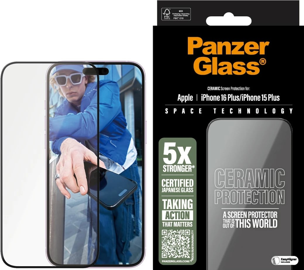 Mbrojtës ekrani PanzerGlass Ceramic për iPhone 16/15 Plus, transparent
