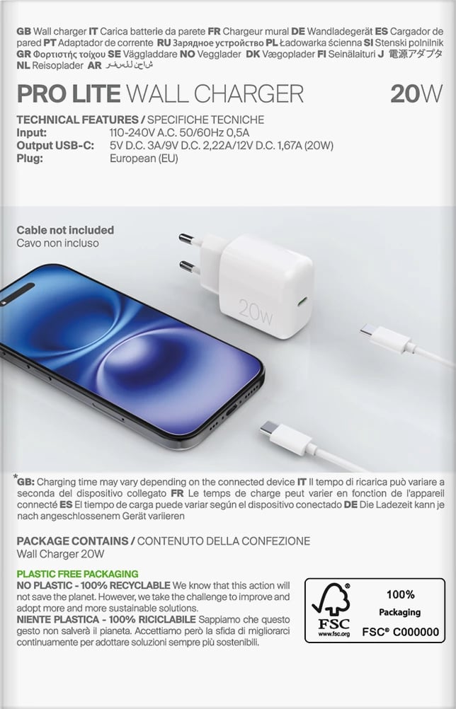 Karikues muri Puro PROLITE 20W, USB-C, i bardhë