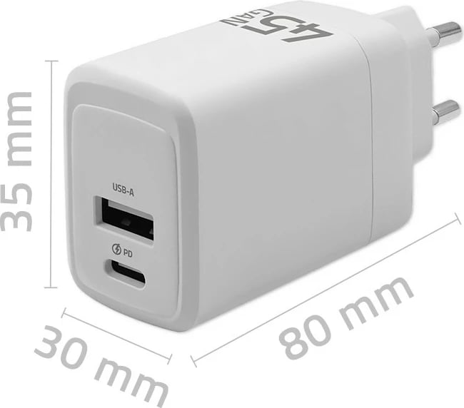 Karikues muri Qoltec 45W GaN, 1x USB-C PD, 1x USB QC 3.0, Bardhë