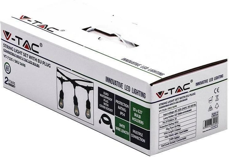 Garlandë kopshti V-TAC VT-7135, 5 metra, 10 mbajtëse llambash E27, e zezë
