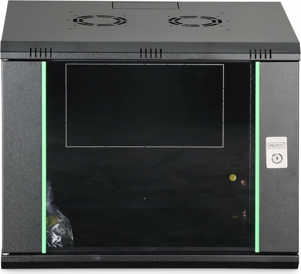 Kabinet rrjeti i montueshëm në mur, Digitus DN-37105, 19" 9U, 474x600x450 mm, derë xhami, ngarkesë 60 kg, i pa-montuar, zi