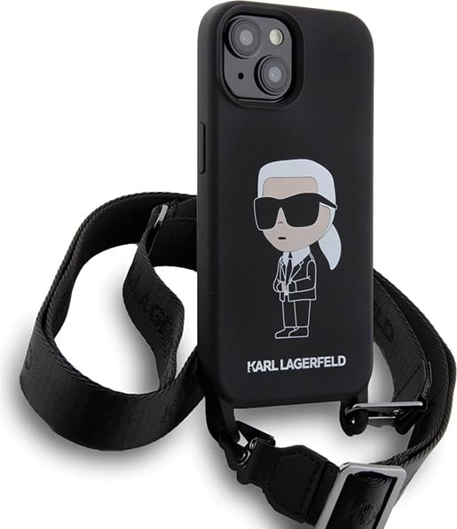 Mbështjellës Karl Lagerfeld Crossbody Silicone Ikonik për iPhone 15 6.1", i zi, me rrip