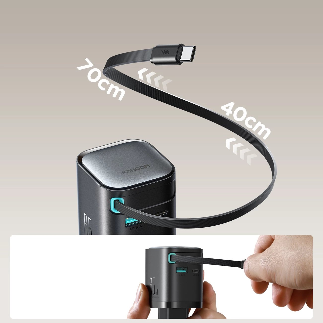 Karikues muri Joyroom JR-TCL02 GaN, 65W, 3 porta (USB-A, USB-C, kabllo USB-C), i zi