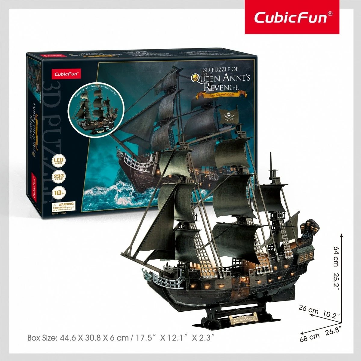 Puzzle 3D me LED, CubicFun, Queen Anne's Revenge 306-20522, 293 pjesë, mosha 10+, dimensione 68×26×64 cm