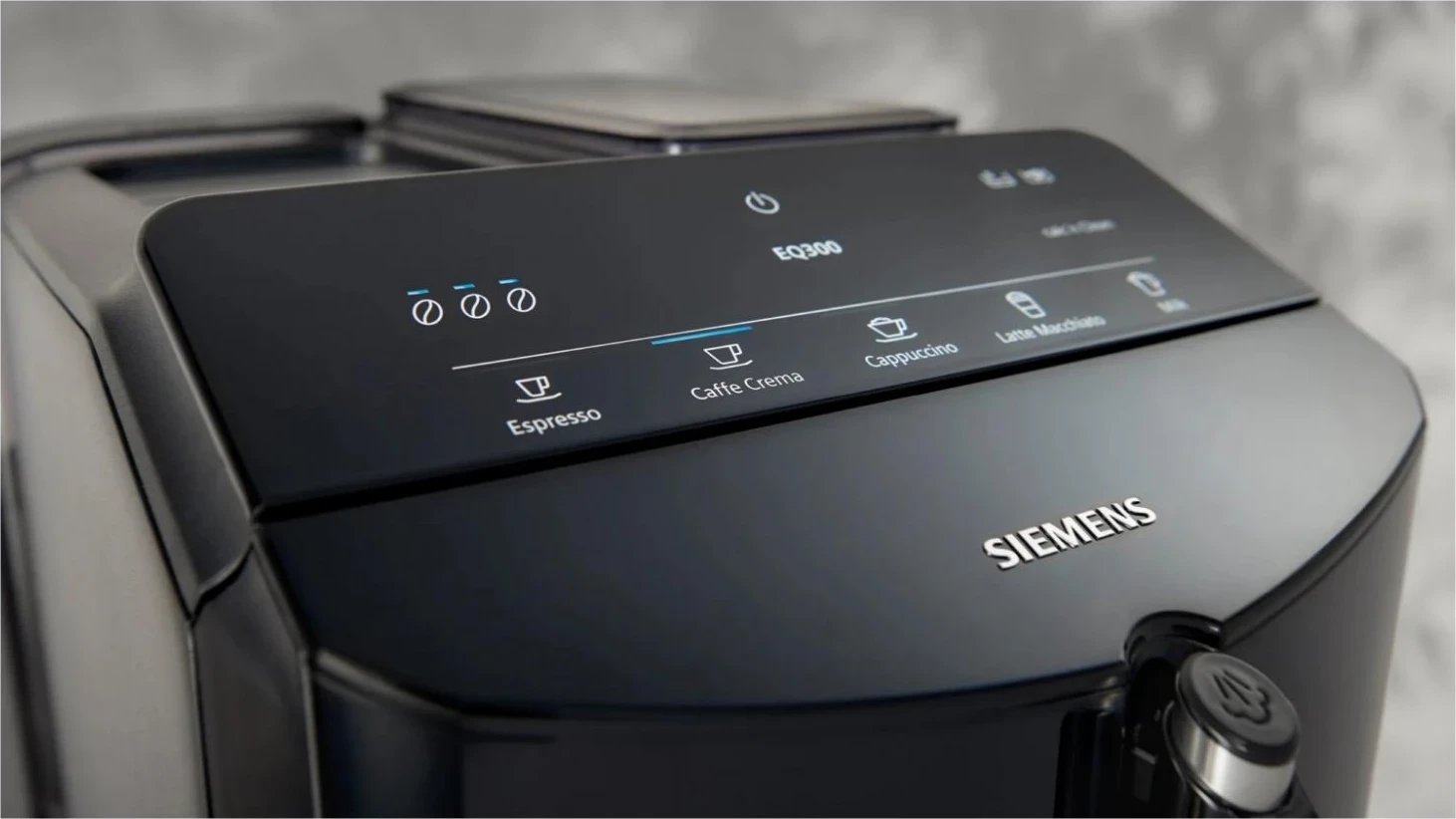 Makina e kafes Siemens EQ300 TF301E09, me regullim të gradës së bluarjes së kafes, e zezë