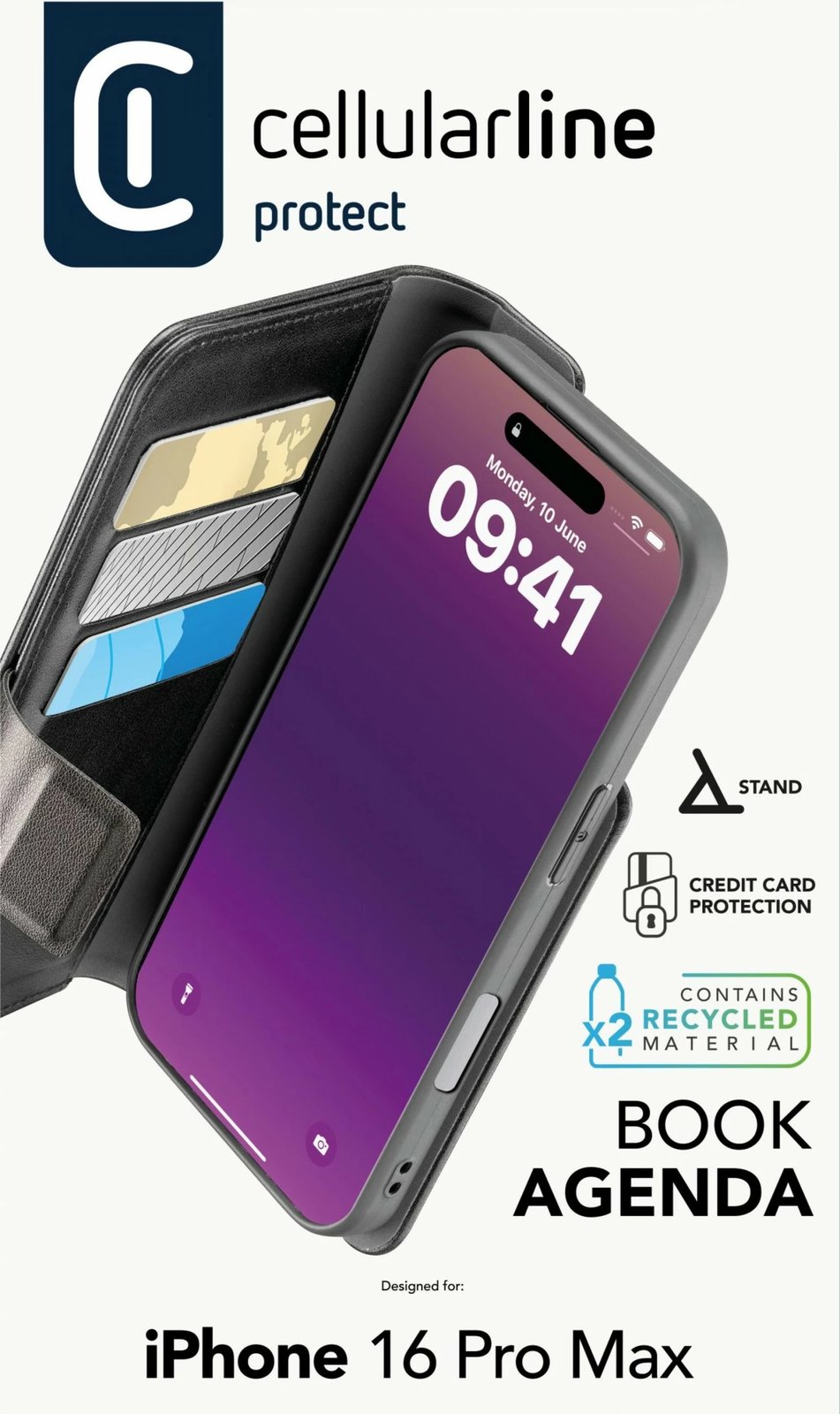 Mbështjellës folio Cellular Line për iPhone 16 Pro Max, 6.9 inch, e zezë