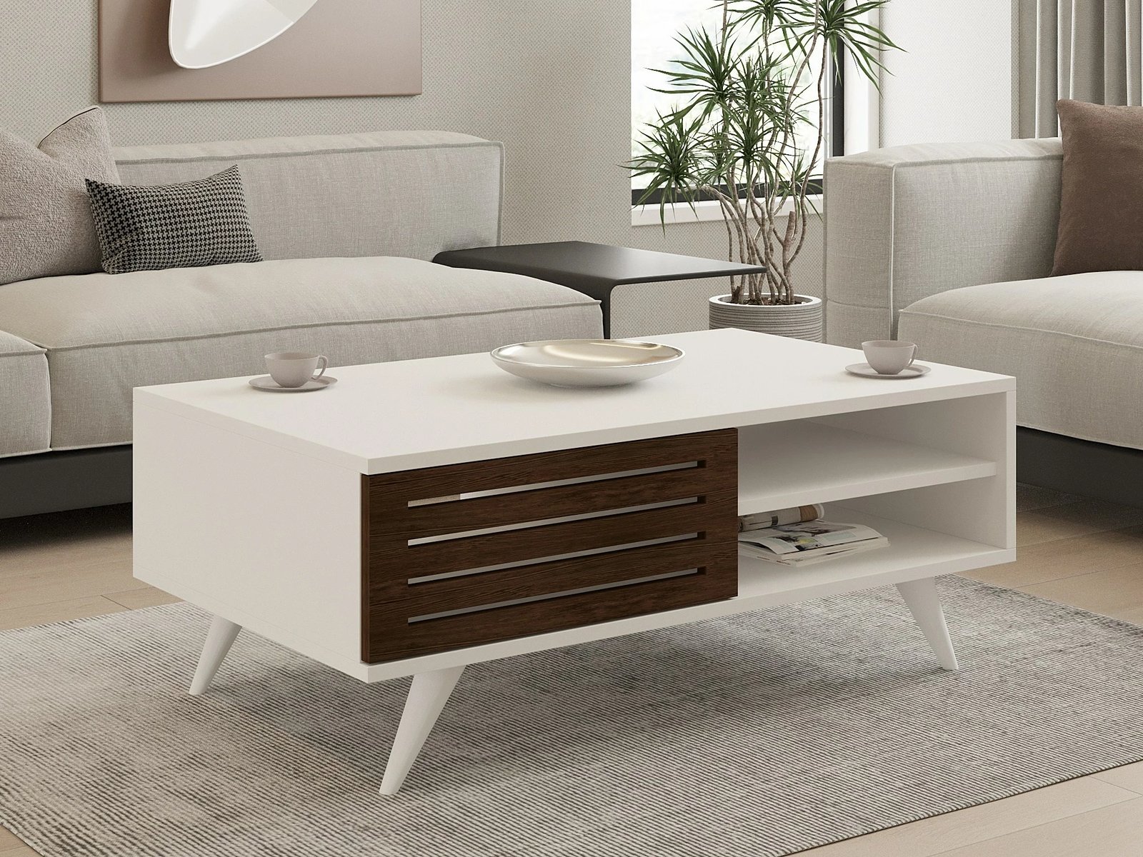 Tavolinë kafeje dy-katëshe, ngjyrë arrë dhe e bardhë, Skye Decor, Grande