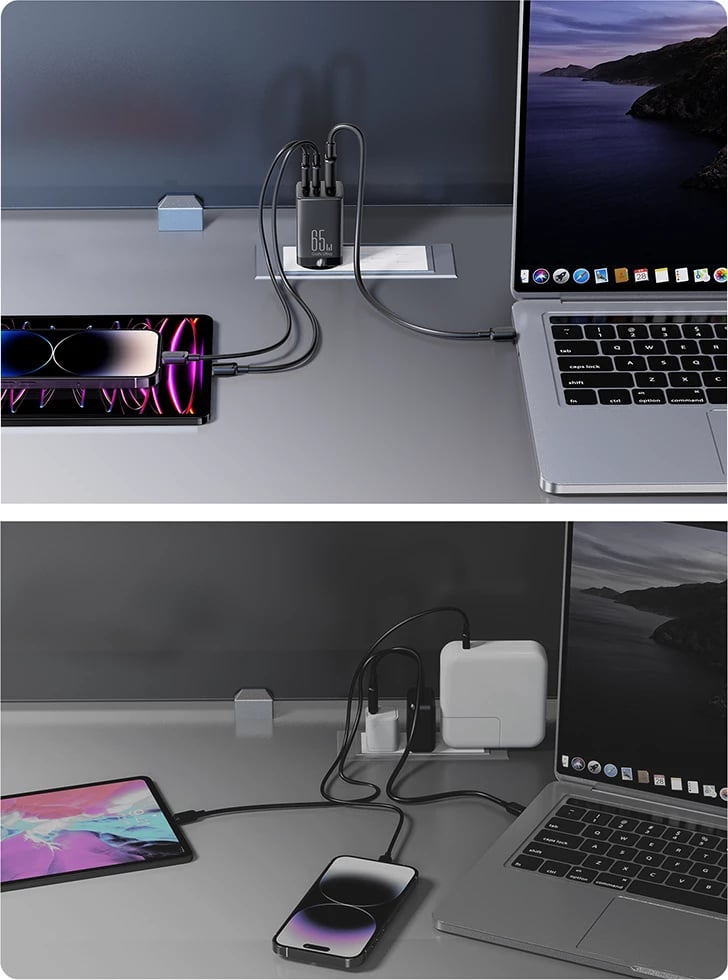 Karikues i shpejtë GaN Joyroom TCG01, 65W, 2x USB-C & 1x USB-A, me kabllo USB-C në USB-C 100W, i zi
