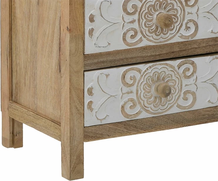 Komodinë e gdhendur prej druri, Inart, 3-50-245-0017, ngjyrë natyrale-bardhë, 49x35x61cm