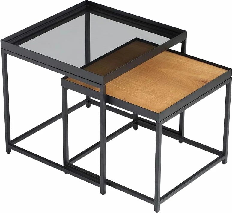 Set tavolinash anësore Harmonica, natyrale, xham i tymosur, e zezë, 2 copë, 50x50x49