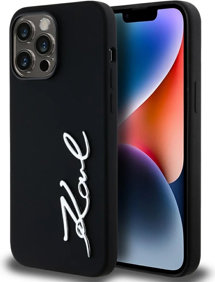 Mbështjellës Karl Lagerfeld Silicone Metal Script Logo për iPhone 14 Pro Max, i zi