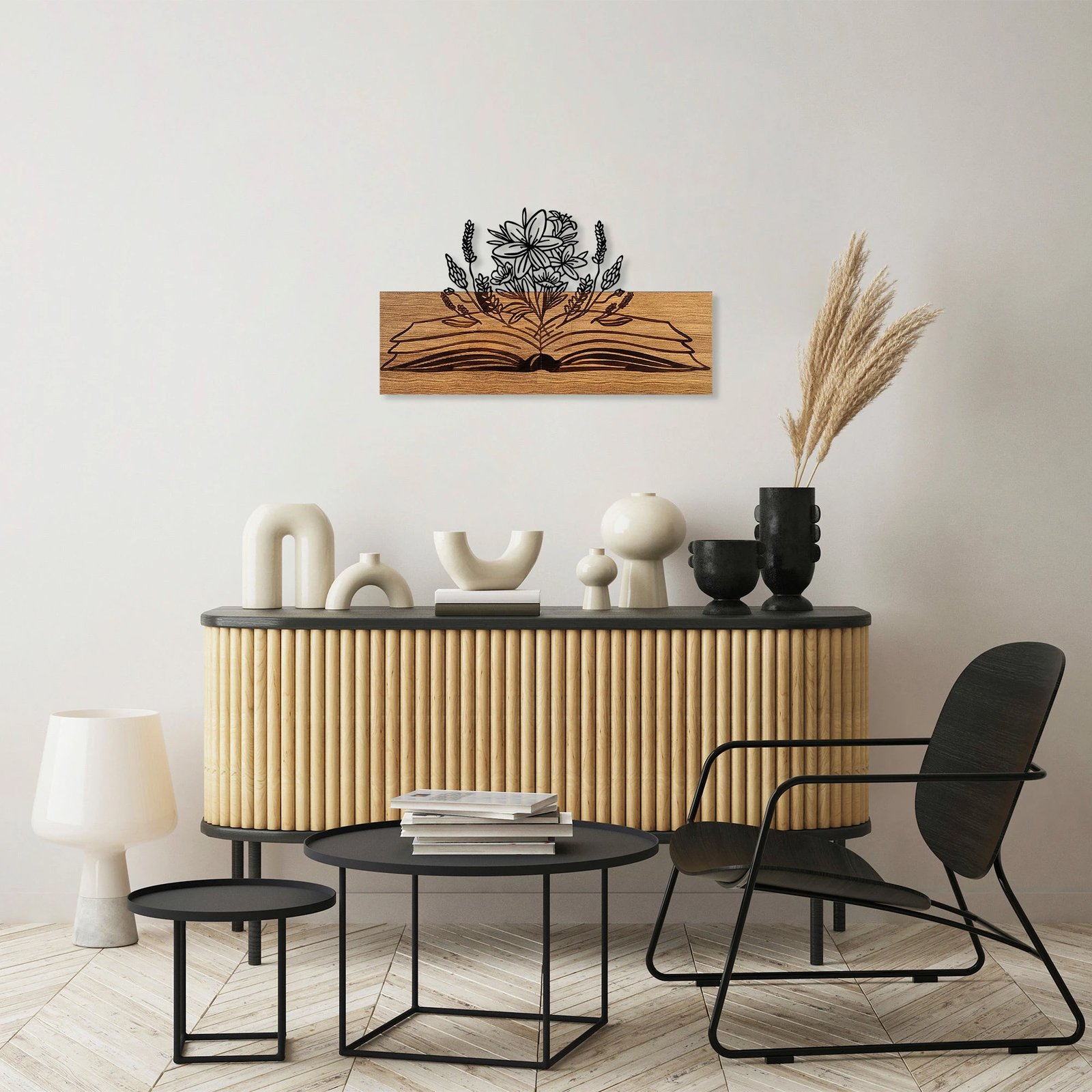 Aksesor dekorativ për mur, dru dhe metal, lule nga libër, ngjyrë arre dhe e zezë, 33x58cm