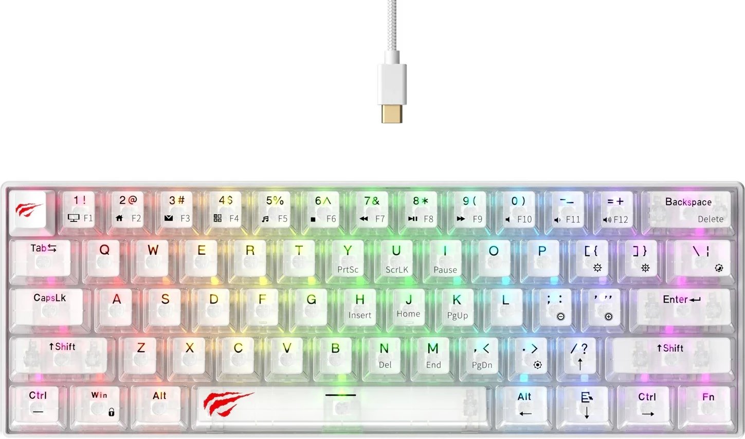 Tastierë gaming HAVIT KB903L, 61 tasta, RGB LED, me kabllo, e bardhë transparente