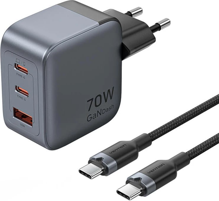Karikues GaN Vention 70W me 2x USB-C + 1x USB-A dhe kabllo USB-C në USB-C 1m, Gri