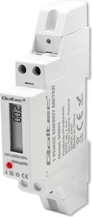 Matës energjie njëfazësh Qoltec 50993, montim në shinë DIN, 230V, 30A, LCD, Bardhë