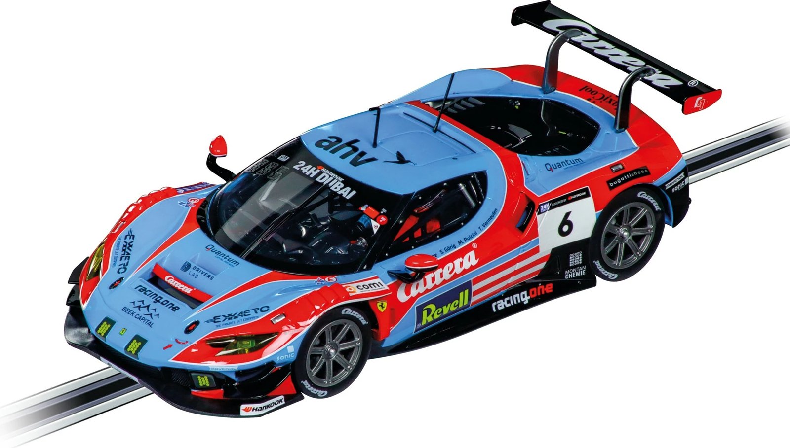 Vetura drift Carrera Ferrari 296 GT3, No.6, 1:24, ngjyra e zezë, blu, e kuqe