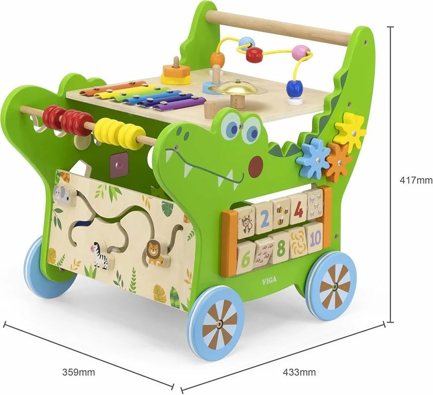 Ecëse druri për bebe, Viga, Crocodile, panel aktiviteti me numra e forma, rrota me goma antirrëshqitje, 12m+, e gjelbër