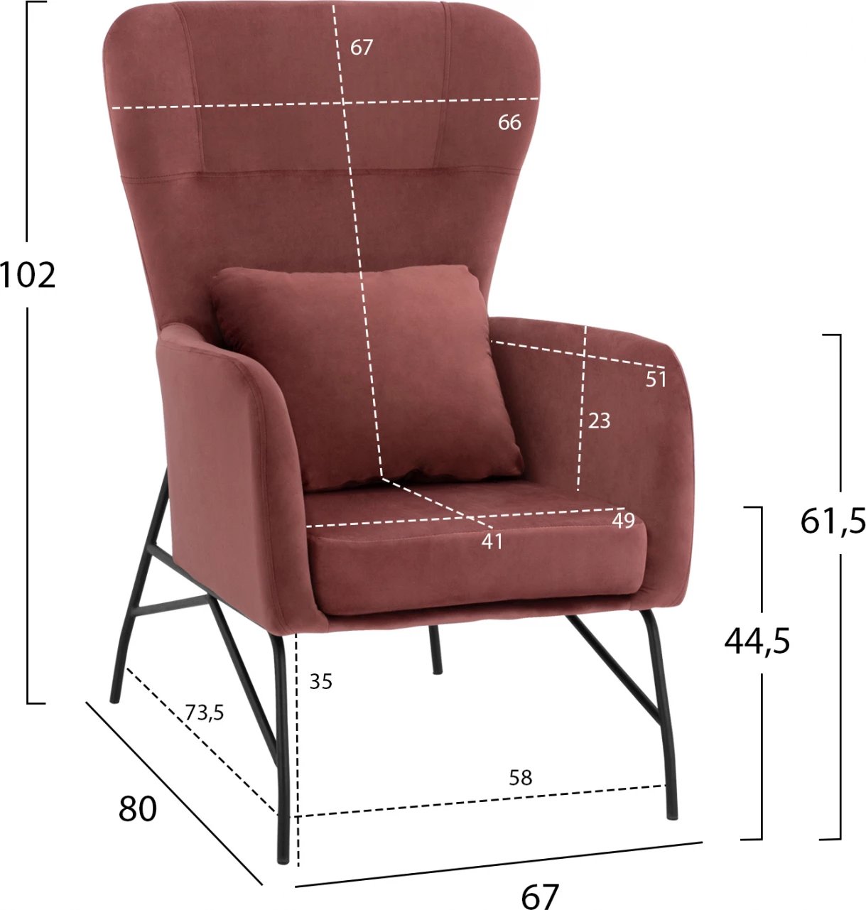 Fotelë 'ROYALTY', kadife rozë e zbehtë, me këmbë metalike të zeza FH8721.02