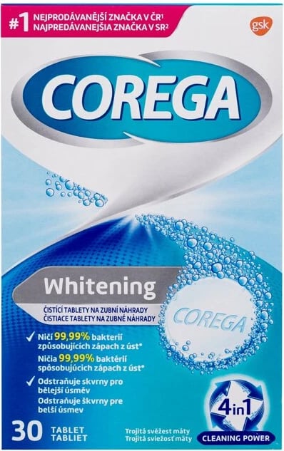Tableta pastruese për proteza Corega Tabs Whitening, 30 copë
