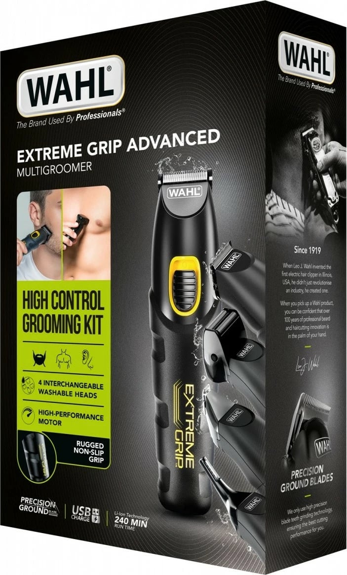 Trimer Wahl Extreme Grip Advanced 9893-0460, 240 min bateri, teh çelik inox 30 mm, prerje 0.5–25 mm, karikim USB, i thatë, i zi, set me 4 koka dhe 8 krehra