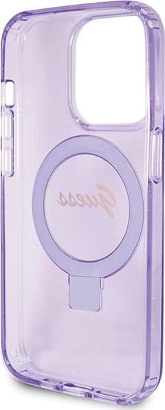 Mbështjellës Guess Ring Stand Script Glitter MagSafe për iPhone 15 Pro Max, vjollcë