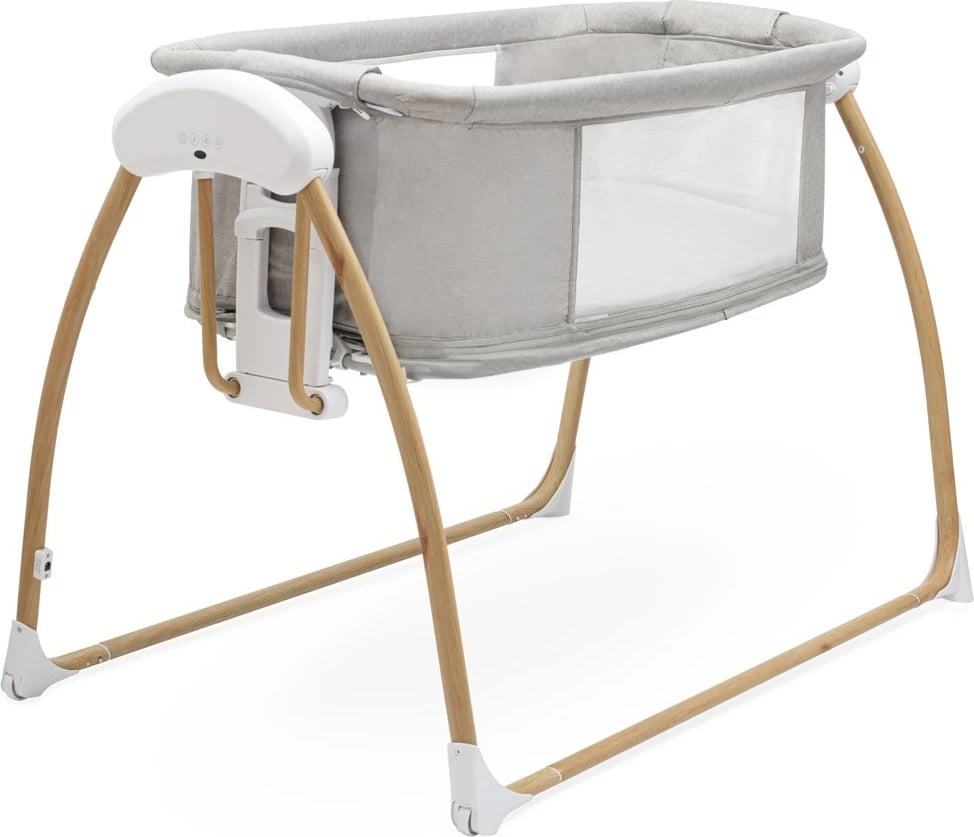 djep/krevat inteligjent 3‑në‑1, New Baby SMART, lëkundje automatike me detektim të qarjes, 2 nivele shtrati, melodi të integruara, rrjetë kundër mushkonjave, gri