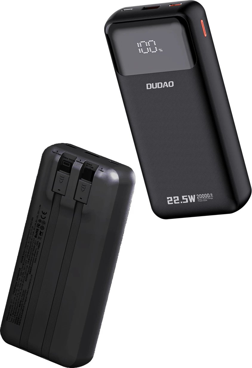 Powerbank Dudao K15Pro, 20000mAh, 22.5W, me kabllo të integruara Lightning dhe USB-C, Ekran LED, e zezë
