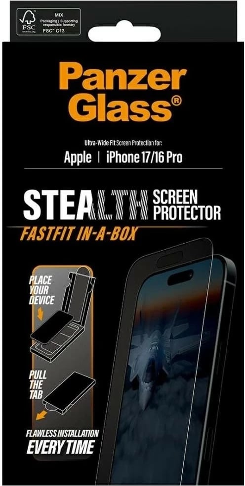 Xham mbrojtës PanzerGlass Stealth Ultra-Wide Fit Fastfit për iPhone 16 Pro/17, transparent