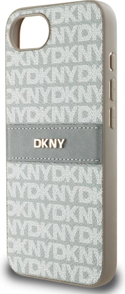 Mbështjellës DKNY Repeat Texture Pattern me shirit dhe logo metalike, për iPhone 16e, Bezhe