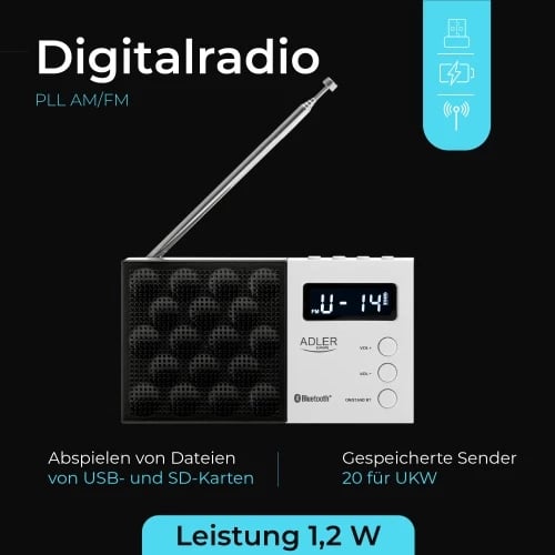 radio dixhitale PLL AM/FM, Adler AD 1908, Bluetooth 5.0, USB/SD, memorie 20 stacione, ekran LCD, 1.2 W, bateri 800 mAh, bardh e zezë