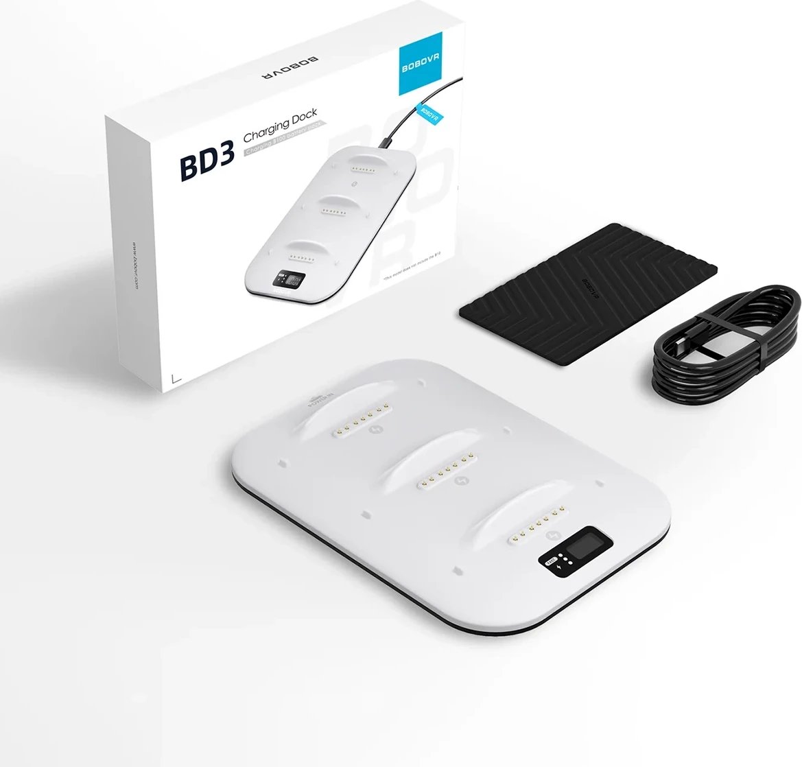 Stacion karikimi, BoboVR BD3, për bateri B100, 3 slote 30W secila, USB-C PD 30–100W, e bardhë