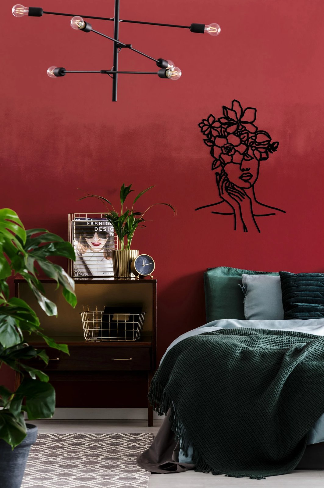 Aksesor dekorativ metalik për mur, Wallity, grua me lule, ngjyrë e zezë, 30x30cm