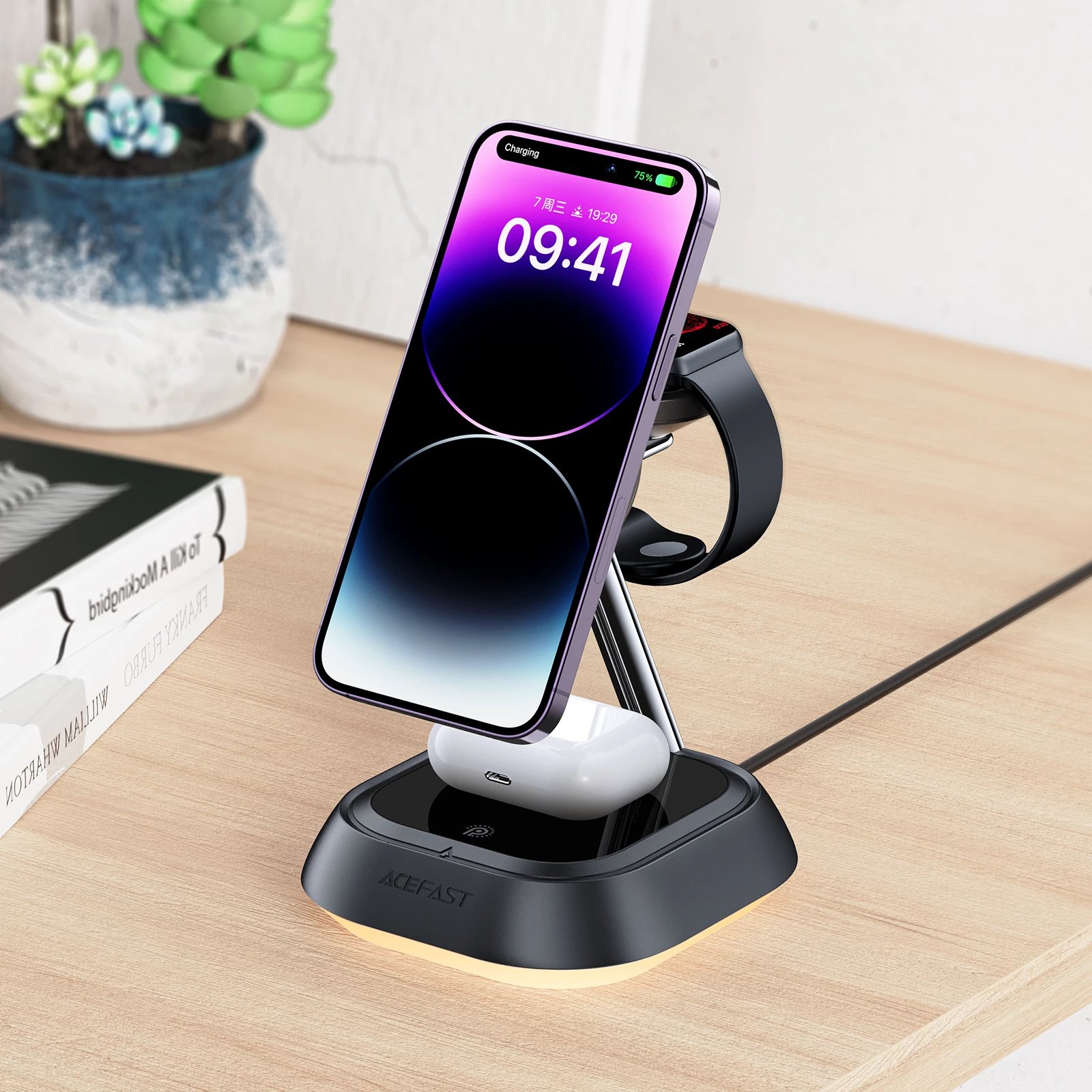 Stacion karikimi 3-në-1 Acefast E16, 15W, për telefon, orë dhe kufje, e zezë